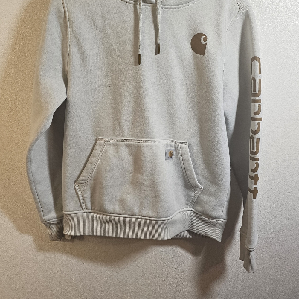 Carhartt Light Cream Colored Pullover Hoodie with Tan Logo and Sleeve Script
